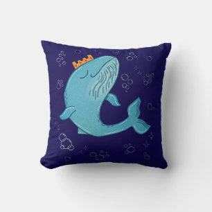 King Whale with Crown   Whimsical Ocean Folk Art  Cushion