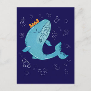 King Whale with Crown Whimsical Ocean Folk Art Postcard