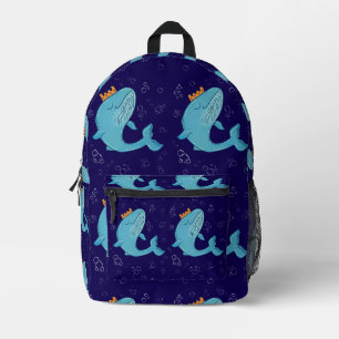King Whale with Crown Whimsical Ocean Folk Art Printed Backpack