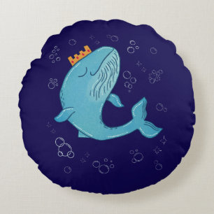 King Whale with Crown   Whimsical Ocean Folk Art Round Cushion