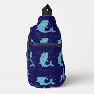 King Whale with Crown Whimsical Ocean Folk Art Sling Bag