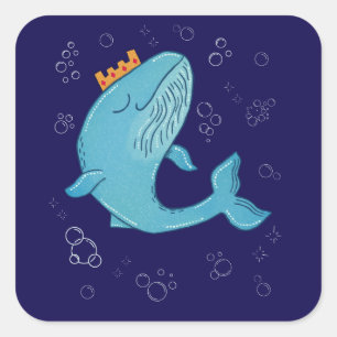 King Whale with Crown Whimsical Ocean Folk Art Square Sticker