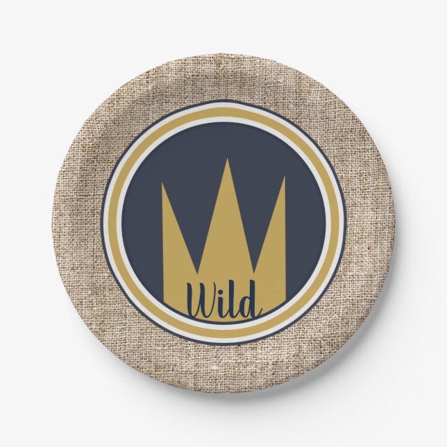 King Wild Thing Gold Crown Burlap Birthday Party Paper Plate (Front)