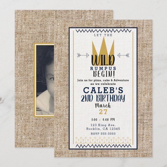 King Wild Thing Gold Crown Burlap Party Photo Invitation (Front/Back)