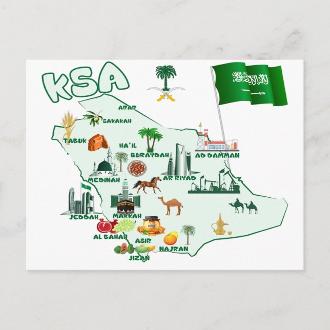 Kingdom of Saudi Arabia Map tourist attractions  Postcard (Front)