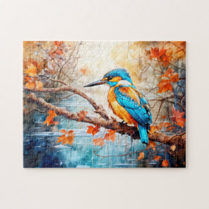 Kingfisher above pond in painterly style jigsaw puzzle