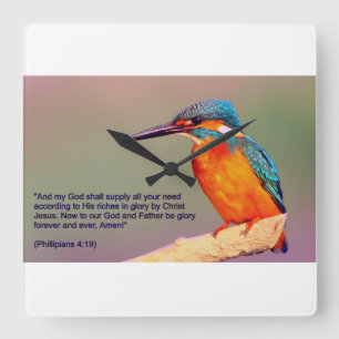 KINGFISHER and Christian verse of Philippians 4:19 Square Wall Clock