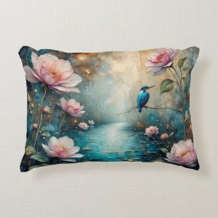 Kingfisher and pink roses decorative cushion