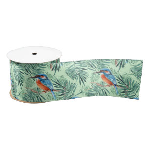 Kingfisher. Bird and leaves Satin Ribbon