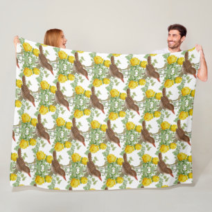 Kingfisher Bird and Yellow Roses White Fleece Blanket