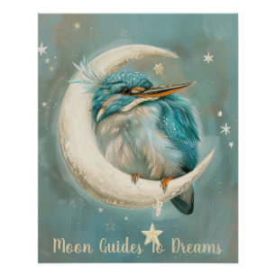 Kingfisher bird baby sleeping on Moon Poster