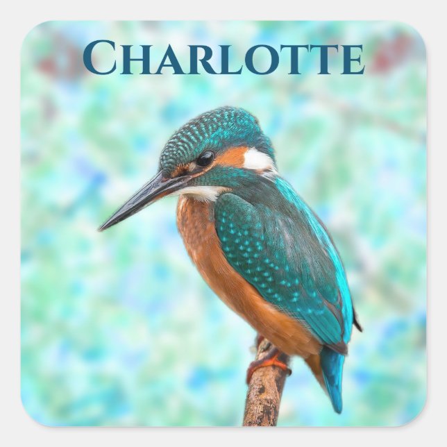Kingfisher Bird Blue Abstract First Name Square Sticker (Front)