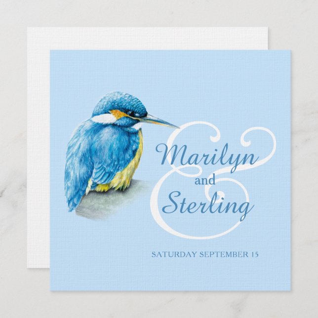 Kingfisher bird blue and white square wedding invitation (Front/Back)