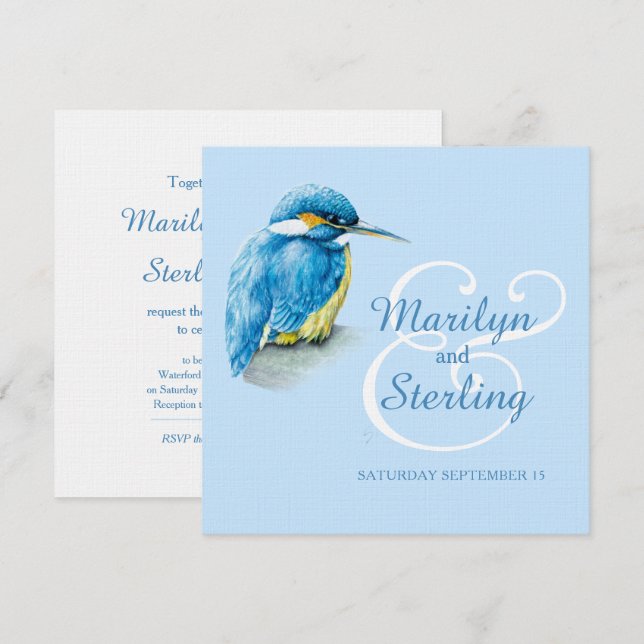 Kingfisher bird blue and white square wedding invitation (Front/Back)