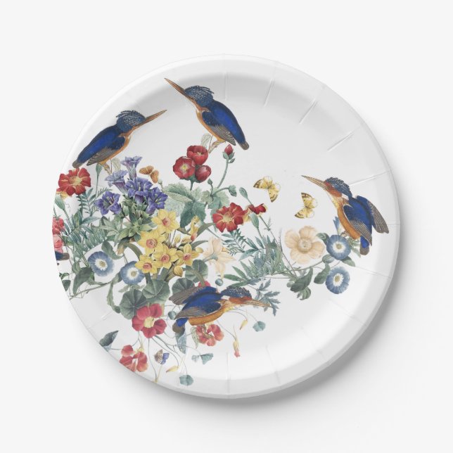 Kingfisher Bird Flower Butterfly Paper Plate (Front)