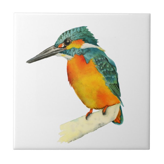 Kingfisher Bird Orange and Green Watercolor Tile (Front)