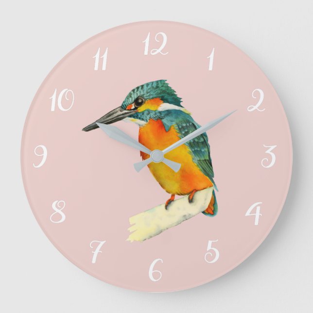 Kingfisher Bird Watercolor Painting Large Clock (Front)