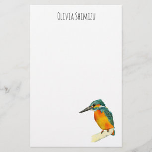 Kingfisher Bird Watercolor Painting with Name Stationery