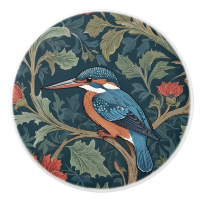 Kingfisher Bird William Morris style Left facing Ceramic Knob (Front)