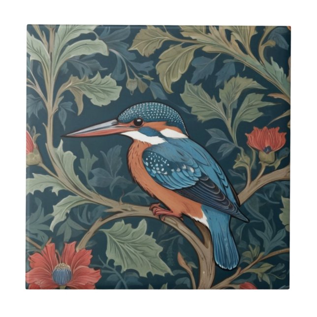 Kingfisher Bird William Morris style Left facing Tile (Front)