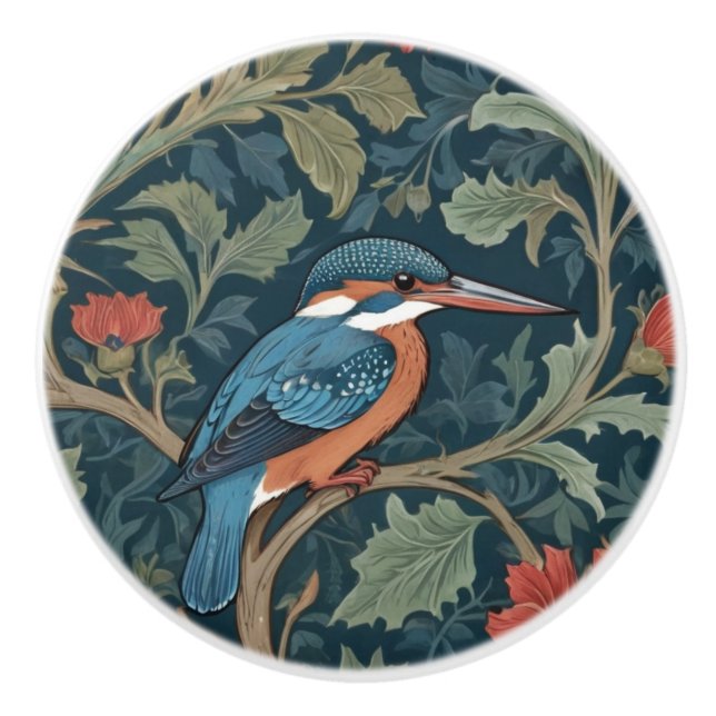 Kingfisher Bird William Morris style Right facing Ceramic Knob (Front)