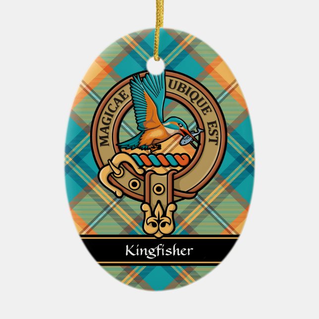 Kingfisher Crest over Tartan Ceramic Tree Decoration (Front)