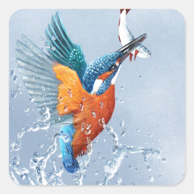 Kingfisher flying out of the water square sticker (Front)