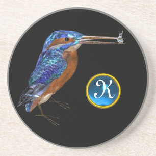 KINGFISHER MONOGRAM ,Blue Sapphire, Black Coaster