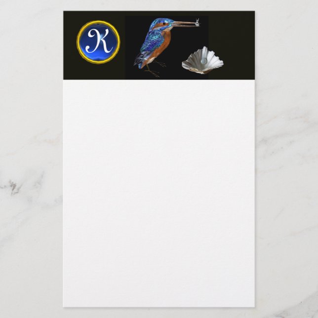 KINGFISHER  MONOGRAM , Blue Sapphire, Black Stationery (Front)