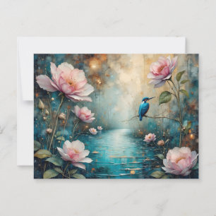 Kingfisher over water and pink roses postcard