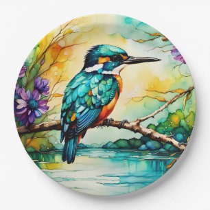 Kingfisher over Water and Wildflowers Paper Plate