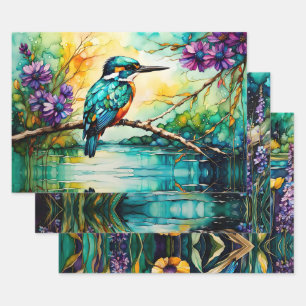 Kingfisher over Water and Wildflowers Wrapping Paper Sheet