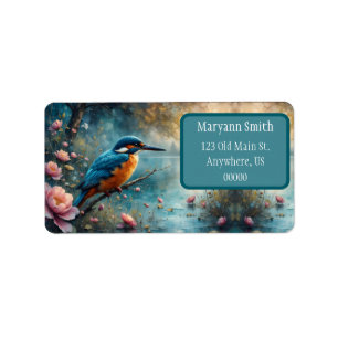 Kingfisher perched over water pink flowers label