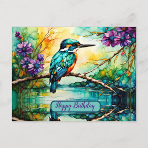 Kingfisher perched over water Wildflowers Birthday Postcard