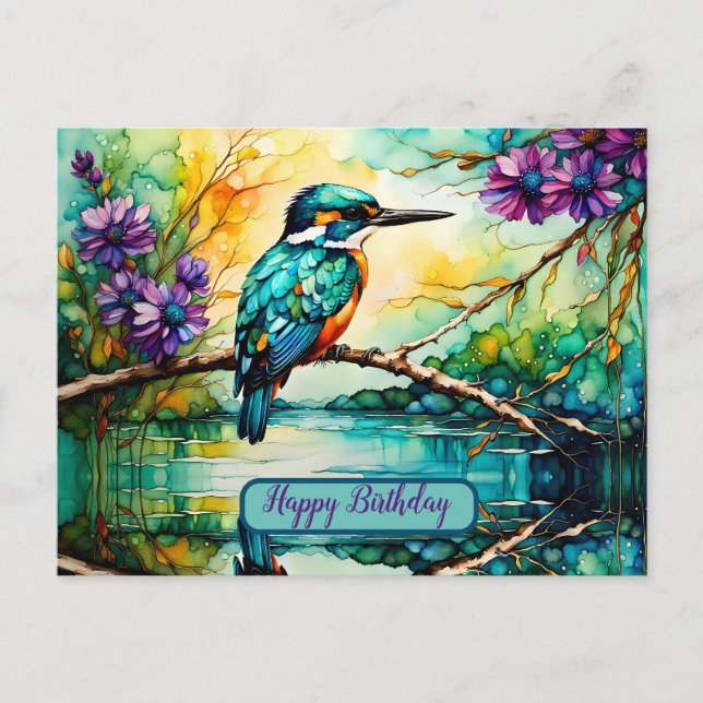 Kingfisher perched over water Wildflowers Birthday Postcard (Front)