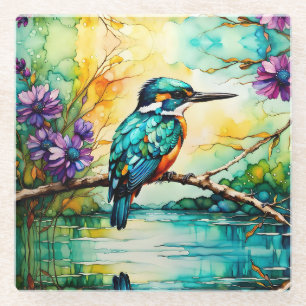 Kingfisher perched over water Wildflowers Glass Coaster
