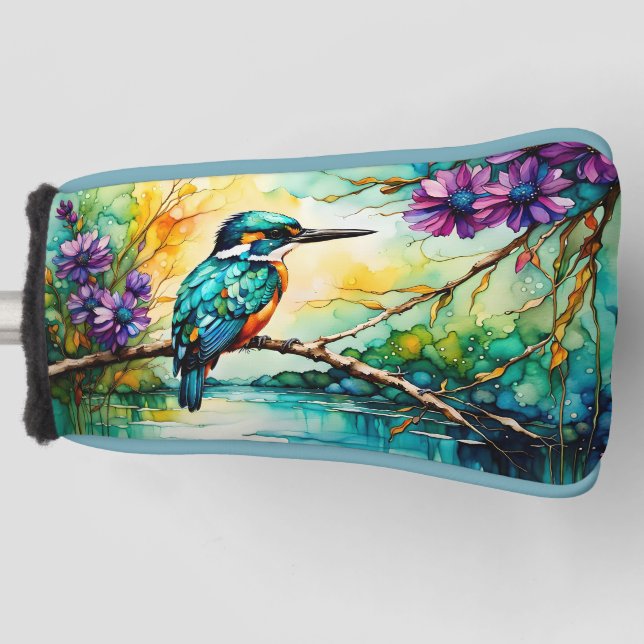 Kingfisher perched over water Wildflowers  Golf Head Cover (Front)