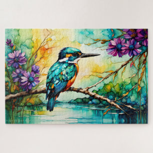 Kingfisher perched over water Wildflowers Jigsaw Puzzle
