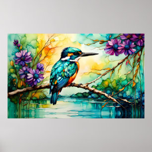 Kingfisher perched over water Wildflowers  Poster