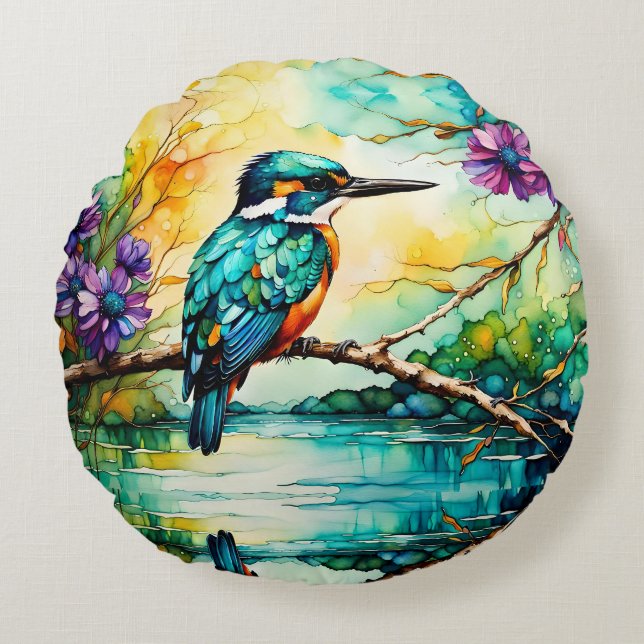 Kingfisher perched over water Wildflowers  Round Cushion (Front)
