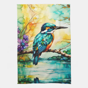 Kingfisher perched over water Wildflowers  Tea Towel