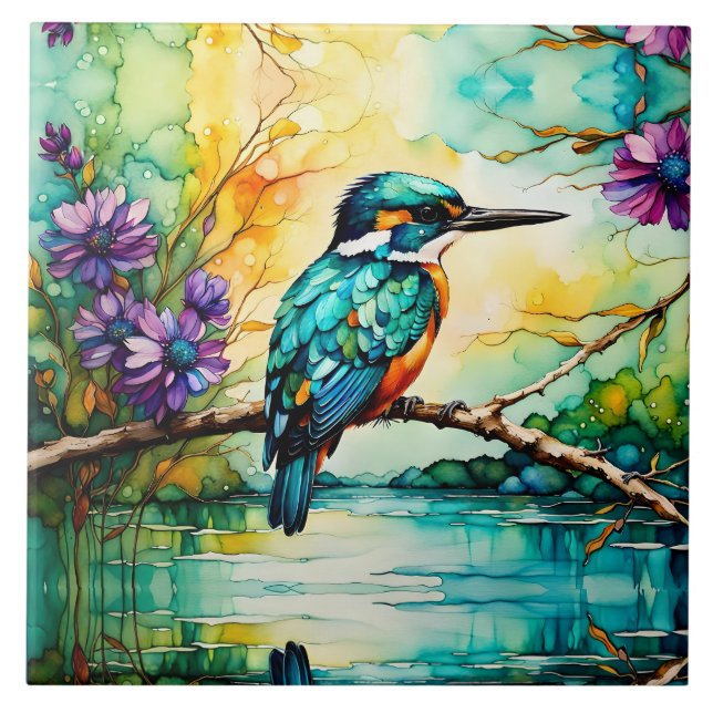 Kingfisher perched over water Wildflowers  Tile (Front)
