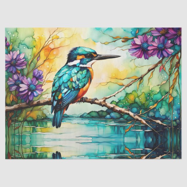 Kingfisher perched over water Wildflowers  Tissue Paper (Front)
