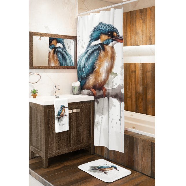 Kingfisher sitting on a branch in water colour shower curtain (Creator Uploaded)