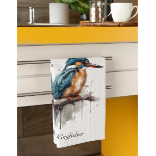 Kingfisher sitting on a branch in water colour tea towel