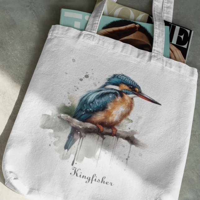 Kingfisher sitting on a branch in water colour tote bag (Creator Uploaded)