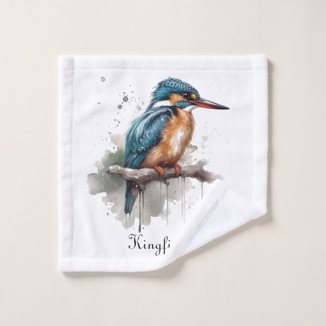 Kingfisher sitting on a branch in water colour wash cloth (Wash Cloth)