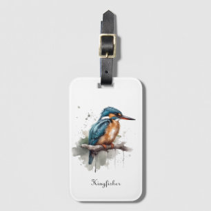 Kingfisher sitting on a branch in watercolor luggage tag