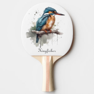 Kingfisher sitting on a branch in watercolor ping pong paddle
