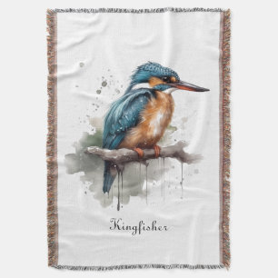 Kingfisher sitting on a branch in watercolor throw blanket